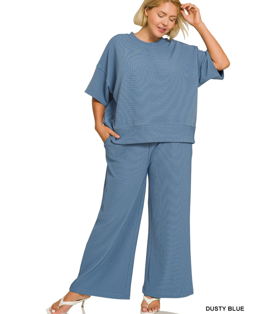Zenana Plus ribbed round neck tee & pants set