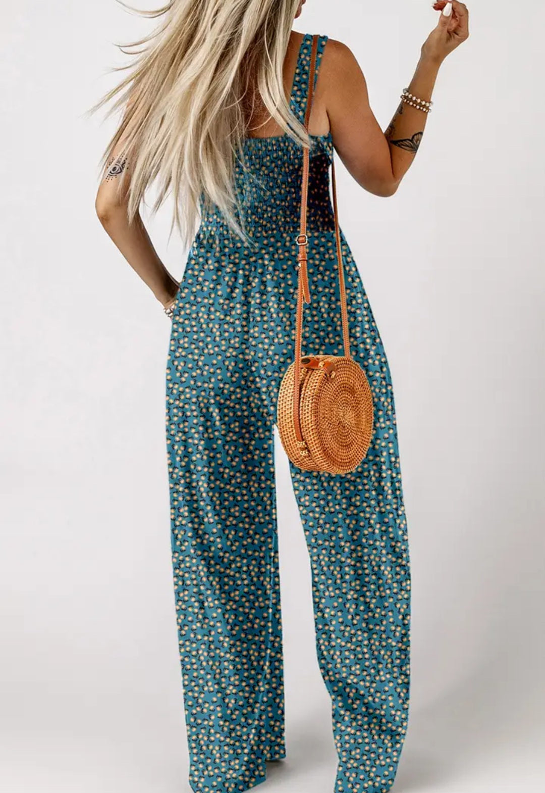 Floral Print Smocked High Waist Square Neck Jumpsuit