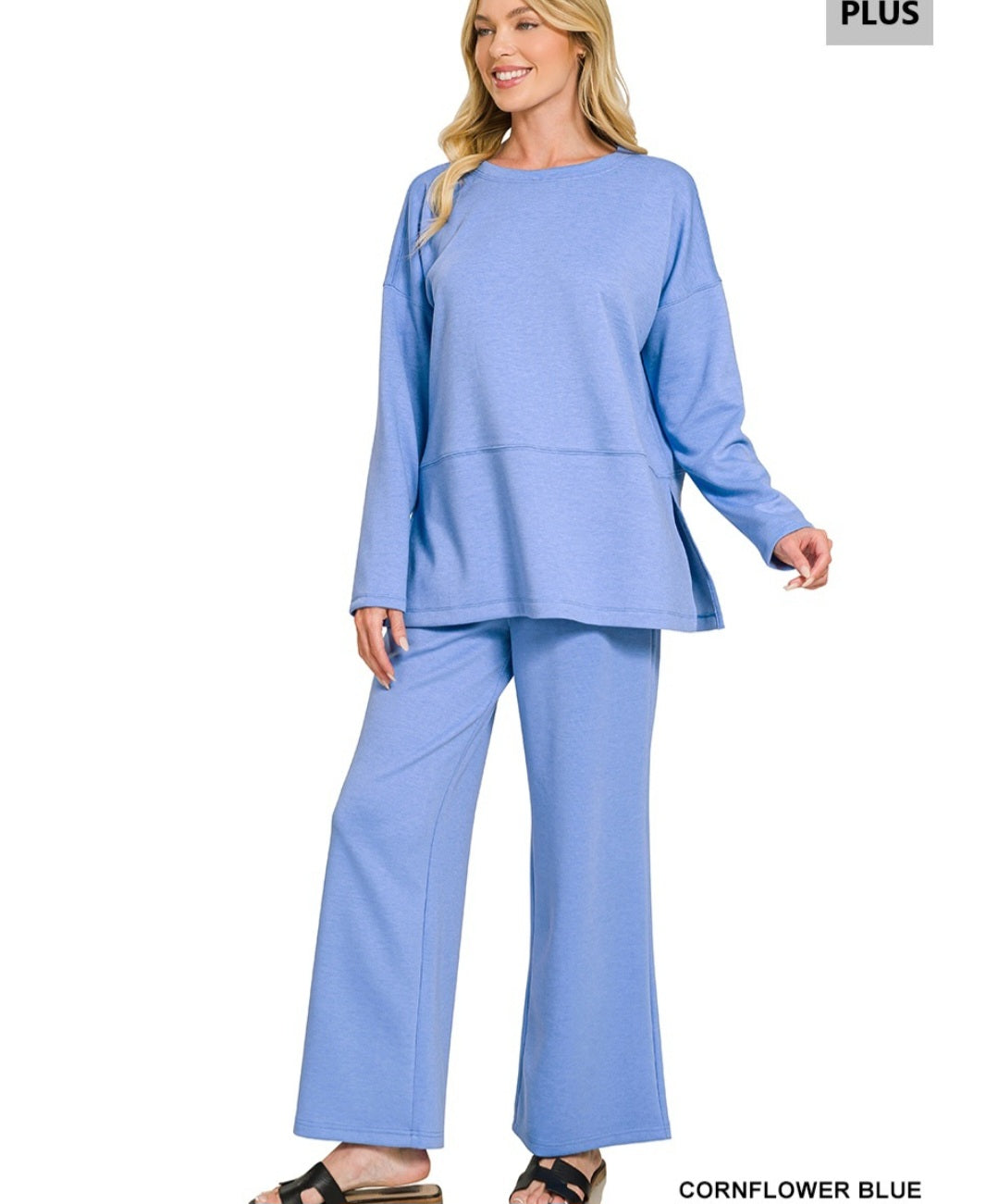 Zenana Plus scuba side slit top & pants set