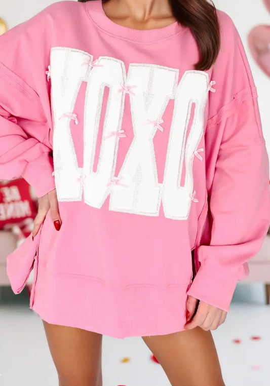 Valentine Sequin XoXo Printed Exposed Seam Baggy Sweatshirt