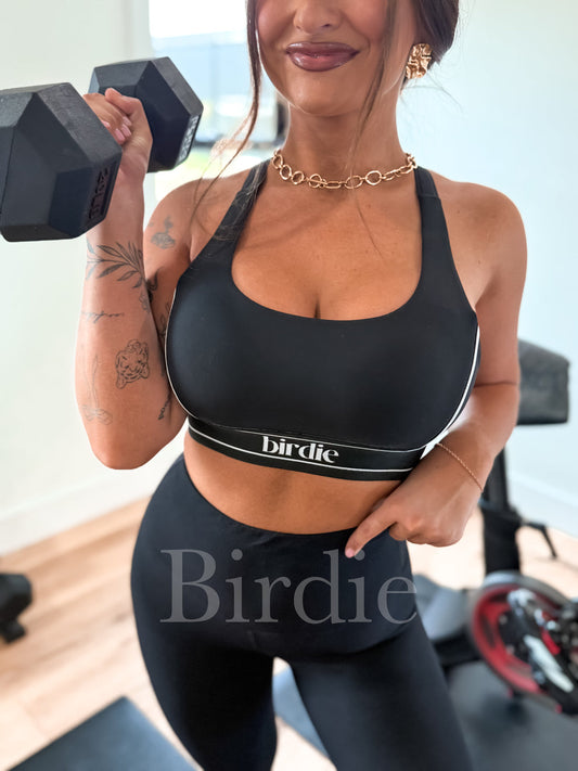 BIRDIE  Contrast Racerback Sports Bra in Black