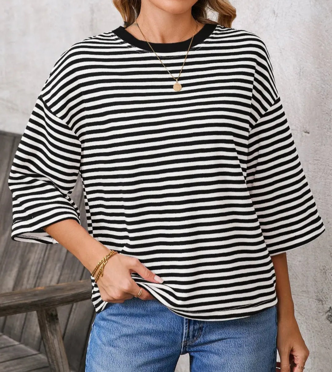 Striped Knit Crew Neck Top with Back Bow Tie Detail