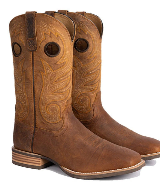 Men's Pull On Distressed Full Grain Leather Square Toe Boots