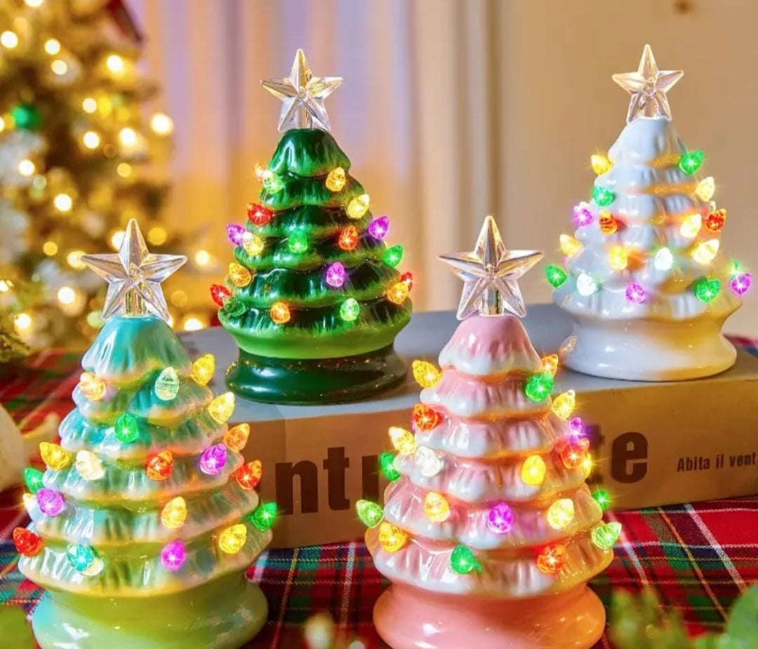 5 inch Ceramic/Mini Christmas Tree with Pre-Installed Colorful LED Lights