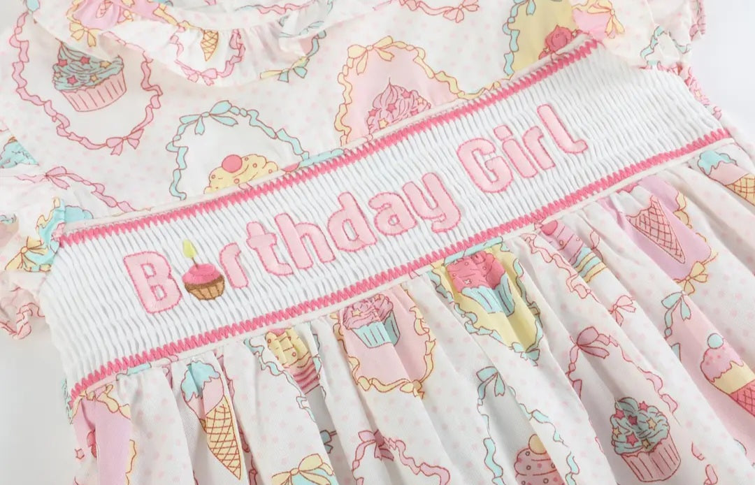 Lil Cactus Pink and White Birthday Girl Smocked Dress