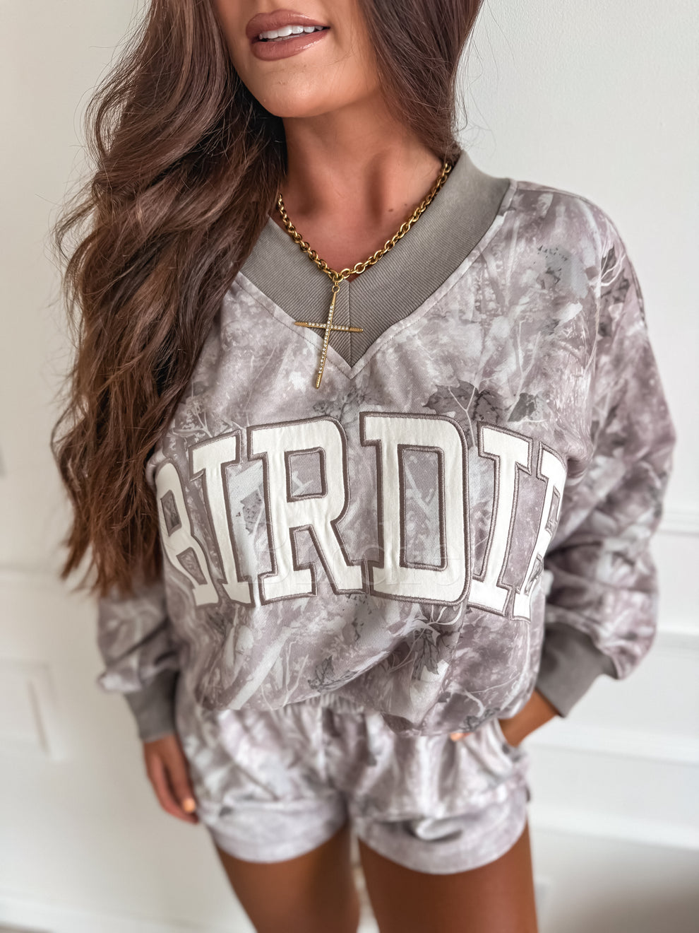BIRDIE PREORDER V Neck Oversized Sweatshirt in Ashwood Camo