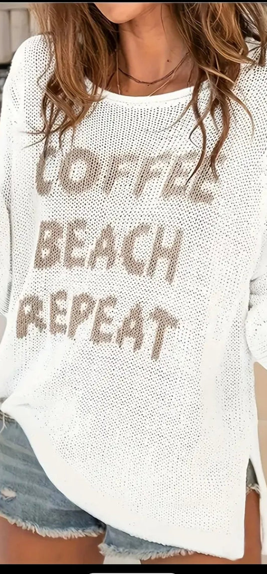 Versatile Beach-Inspired White Pullover Sweater -Coffee, Beach, Repeat