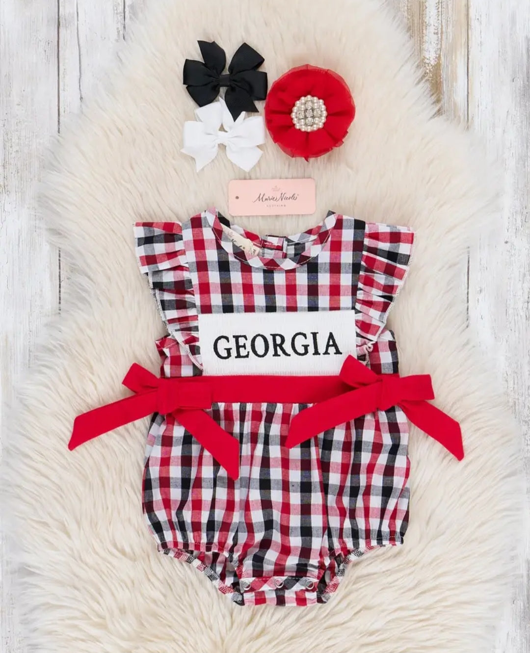 Marie Nicole Georgia Smocked Gingham Bubble Romper