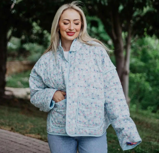 Light Blue Dainty Floral Lightweight Quilted Jacket