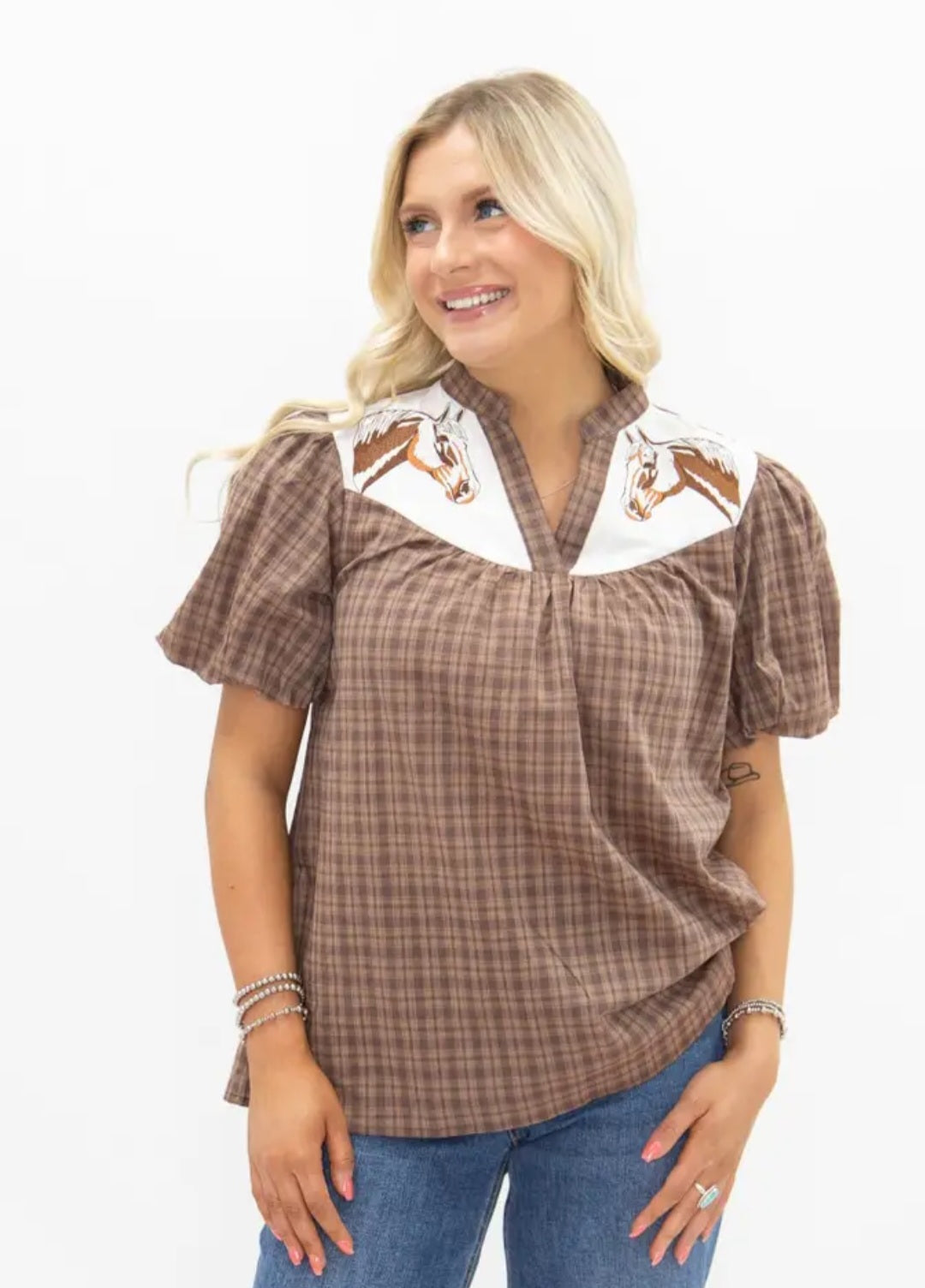 Grace & Emma Western Yoke Collared Top with Embroidered Horses