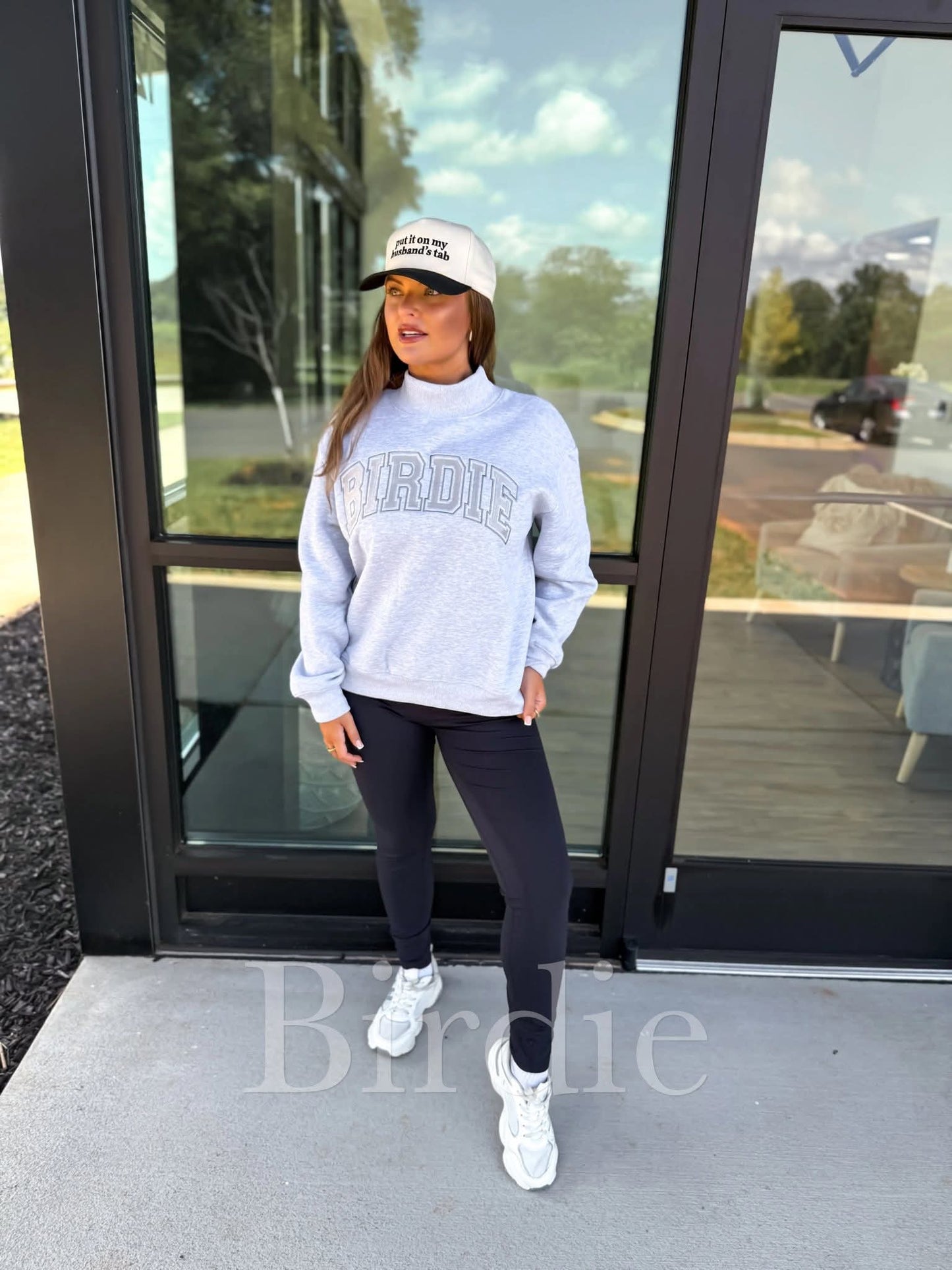 BIRDIE Embroidered Funnel Neck Pullover in Heather Haze