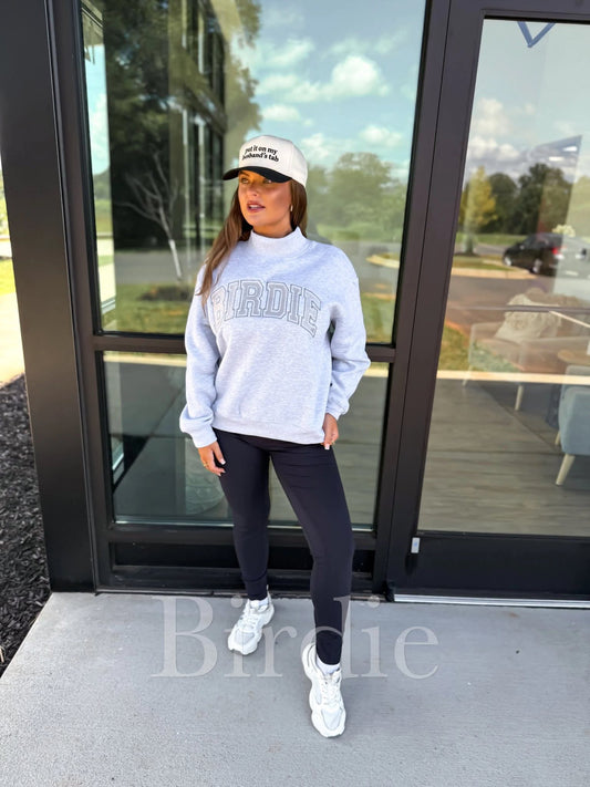BIRDIE Embroidered Funnel Neck Pullover in Heather Haze