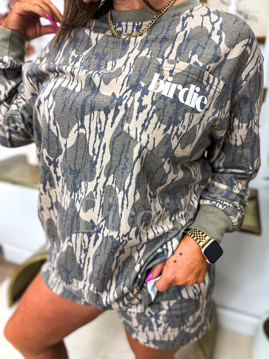 BIRDIE PREORDER Two Piece Long Sleeve Short Set in Bottomland Camo (sold as set)