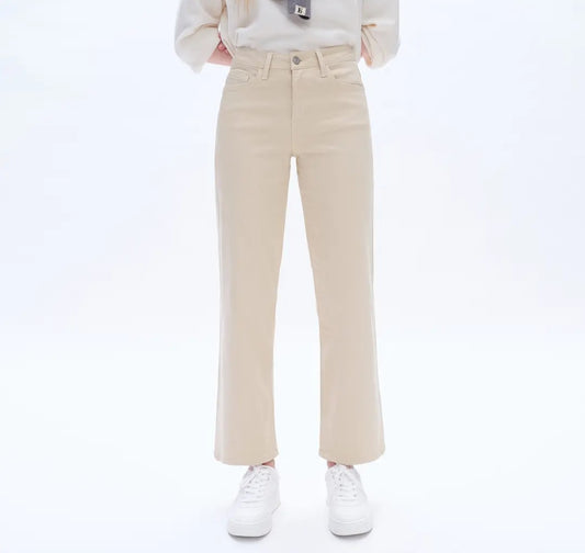 High Rise Wide Leg Twill Pants with Finished Hem