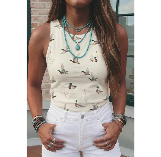 Mallard Duck Print Sleeveless Casual Tank Top