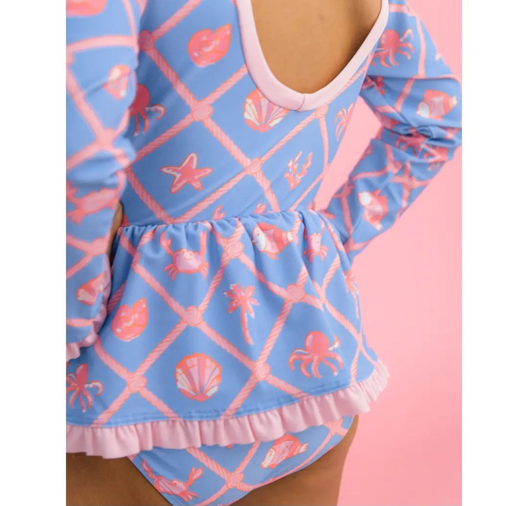 Girls Tropical Trellis Long Sleeve One  Piece Bow Peplum Rash Guard Swimsuit