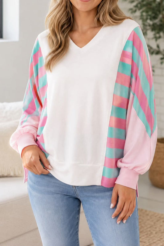 White Striped Colorblock Plus Blouse preorder