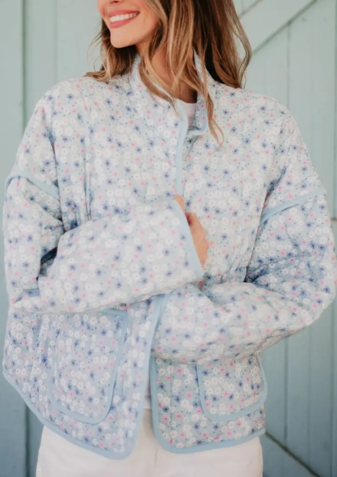 Light Blue Dainty Floral Lightweight Quilted Jacket