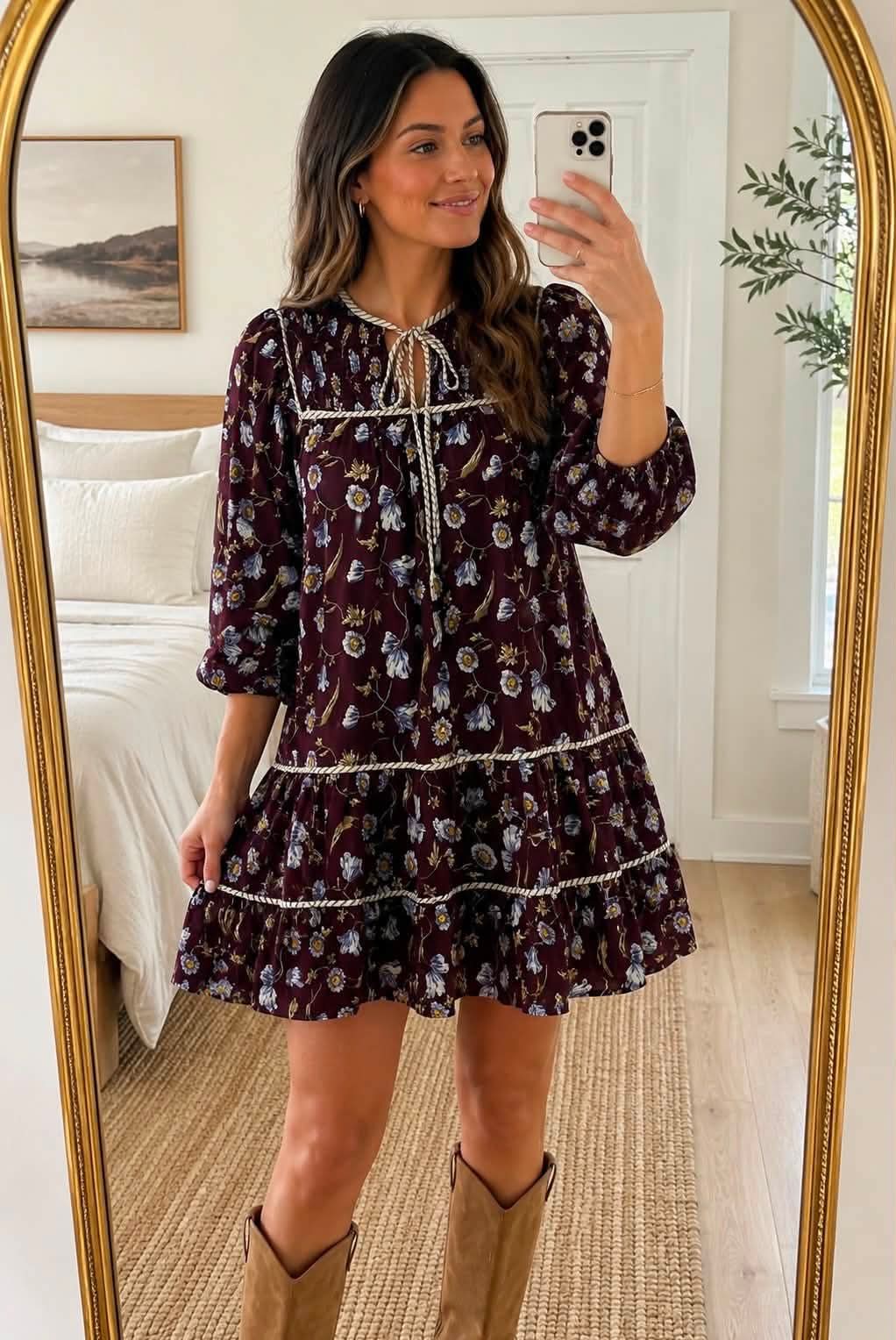 Brown Flower Shirred Dress