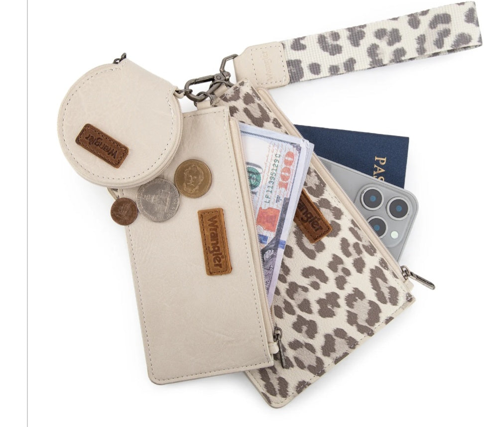 Wrangler Leopard Print Dual Pouch Wristlet with Zipper Round Case