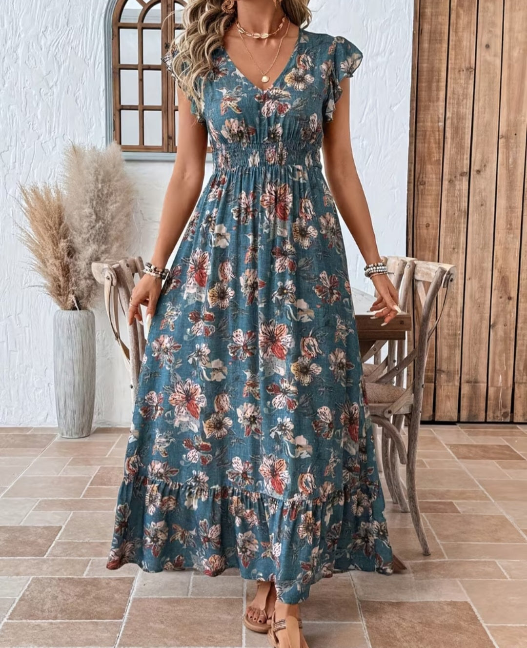 Women's Floral Print V-Neck Short Sleeve Dress