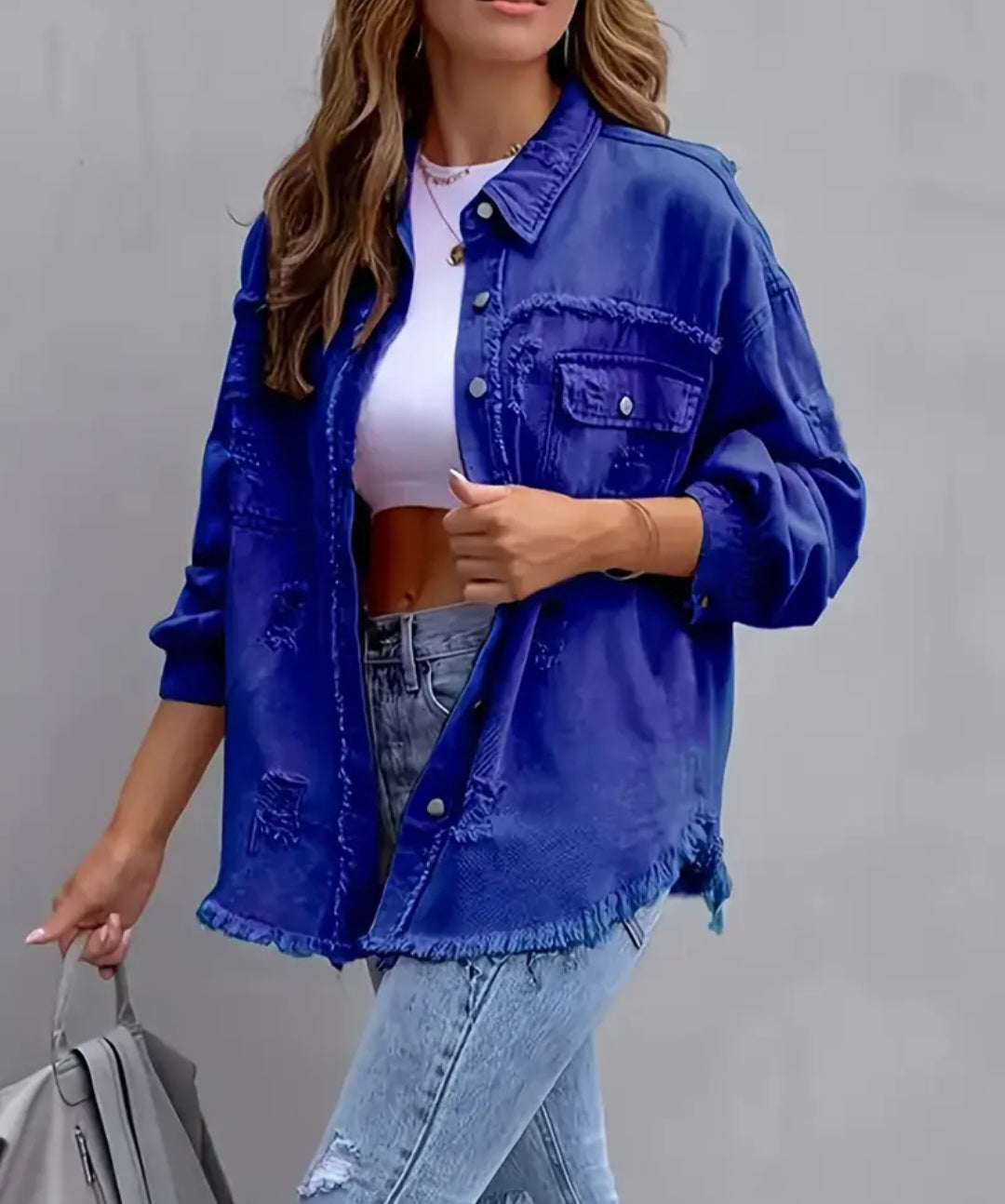 Ripped Fringe Casual Shacket with Pocket
