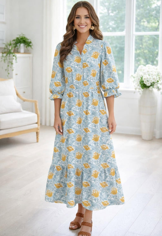 Brown Floral V Neck Dress