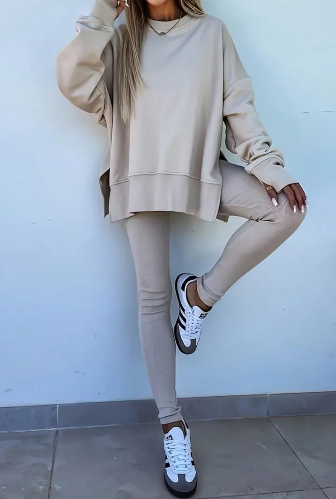 Solid Side Slit Sweatshirt and Leggings Set