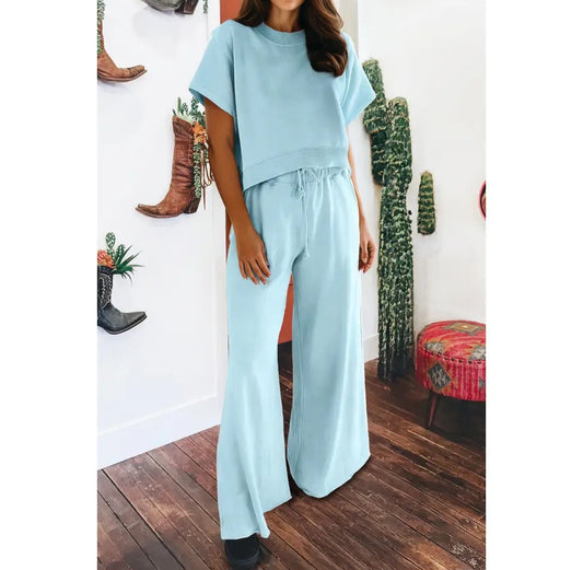 Loose Tee Drawstring Wide Leg Pants 2pcs Outfit