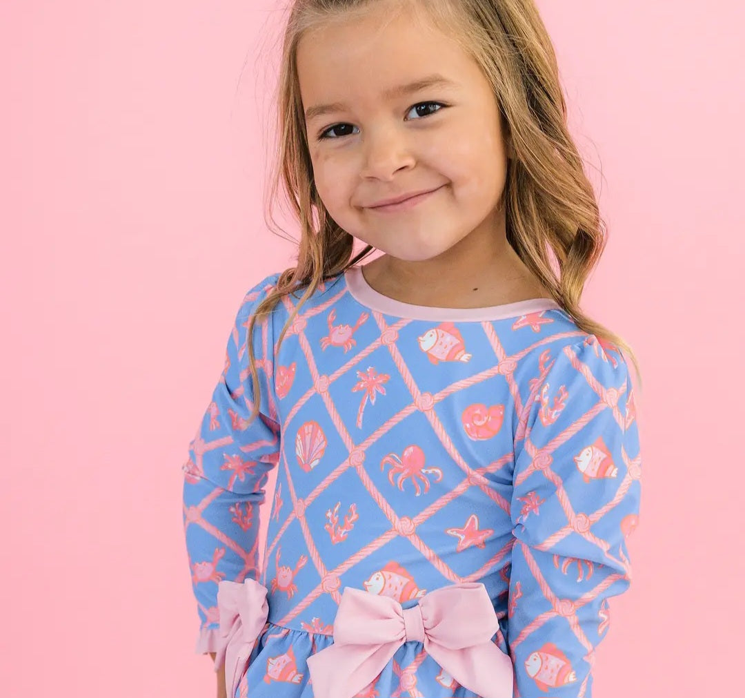 Girls Tropical Trellis Long Sleeve One  Piece Bow Peplum Rash Guard Swimsuit