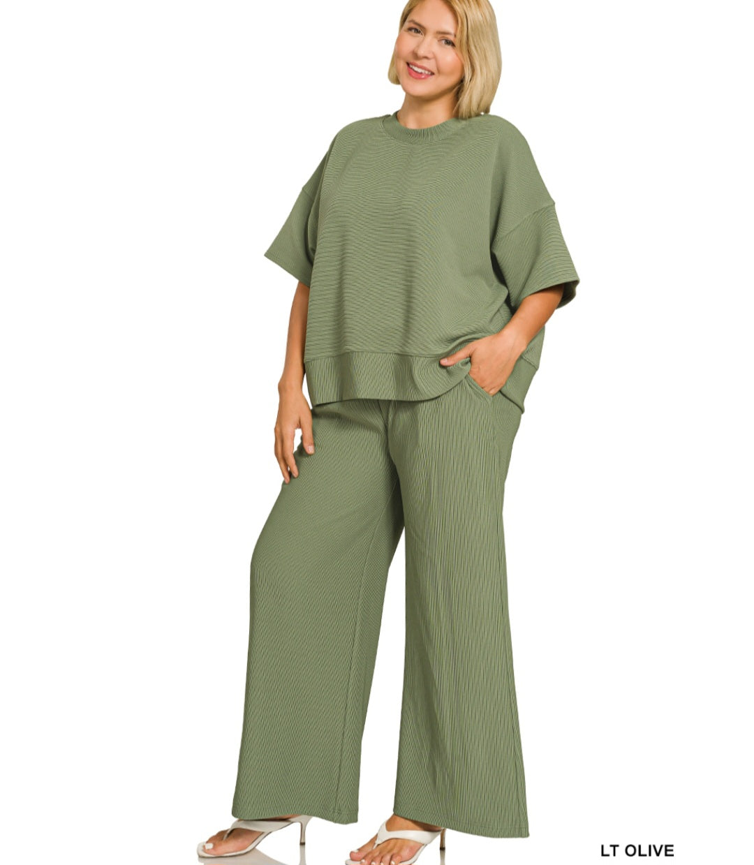 Zenana Plus ribbed round neck tee & pants set