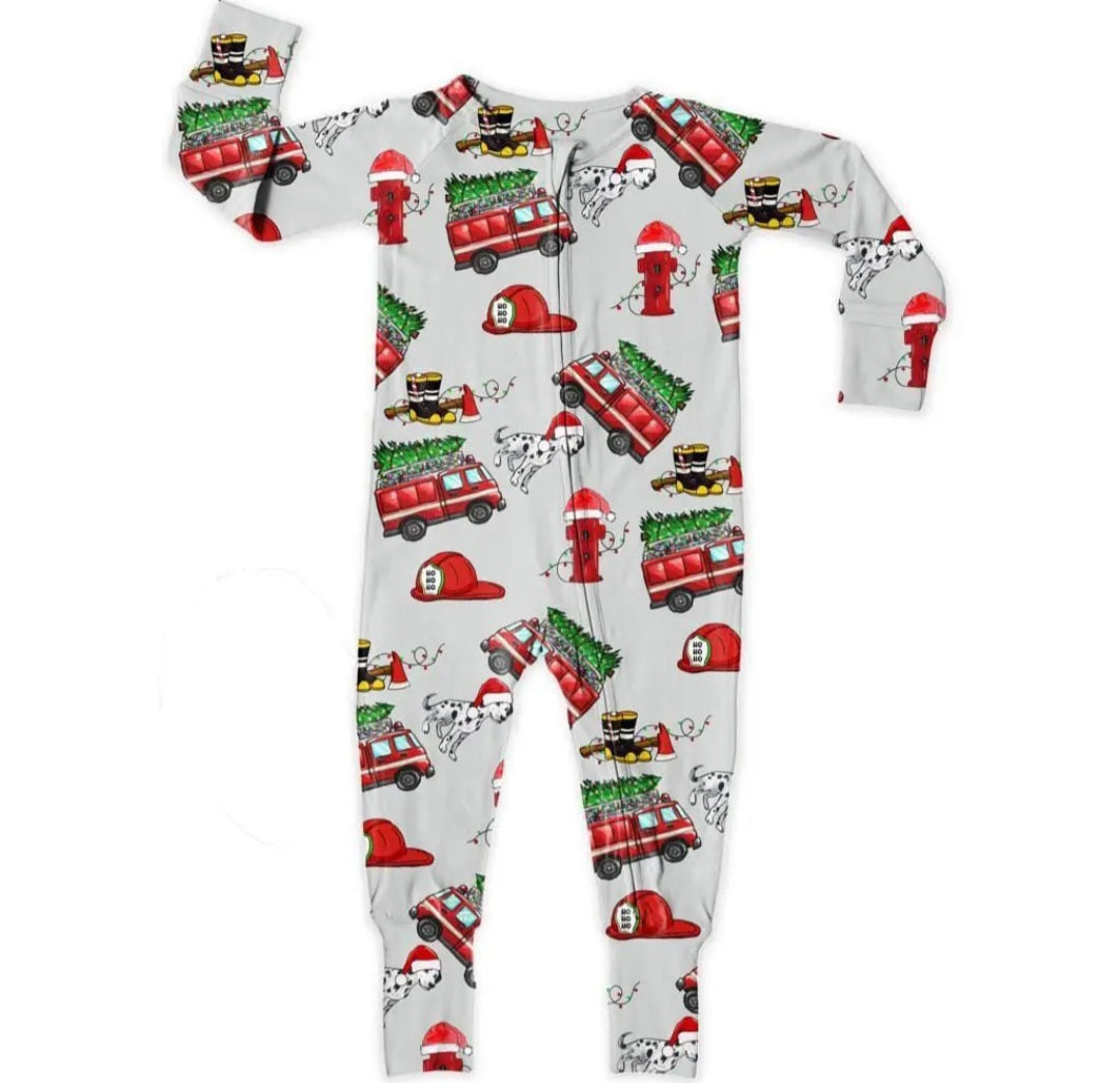 Miller & Co. Bamboo Zipper Footie, Christmas Fire Trucks