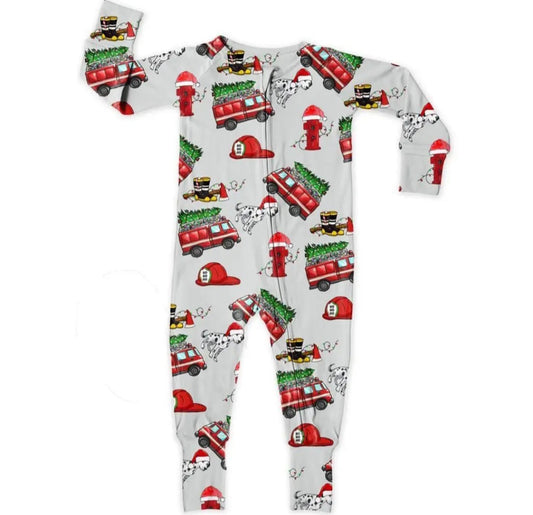 Miller & Co. Bamboo Zipper Footie, Christmas Fire Trucks