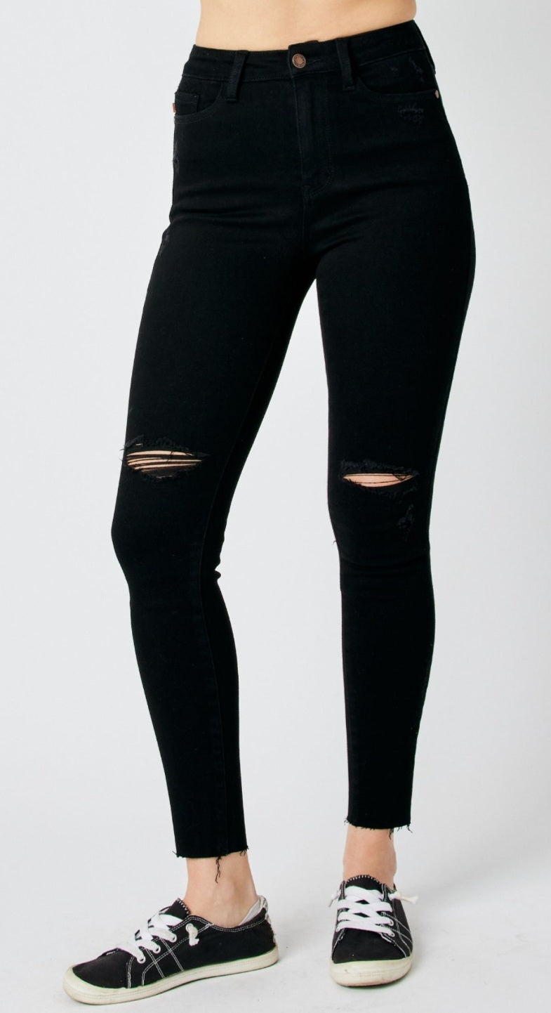 Judy Blue Black High Waist Heavy Destroy Raw Hem Skinny