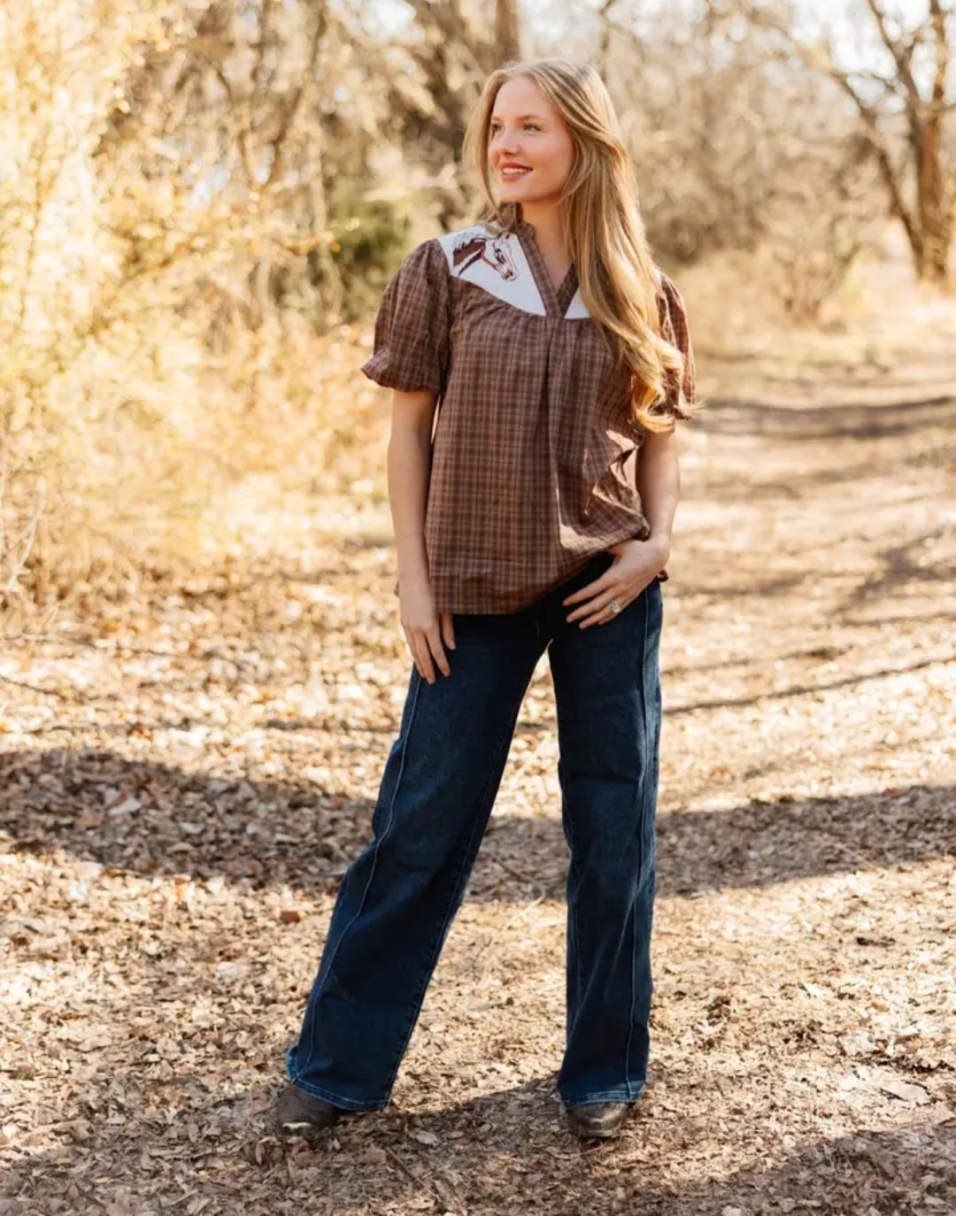 Grace & Emma Western Yoke Collared Top with Embroidered Horses