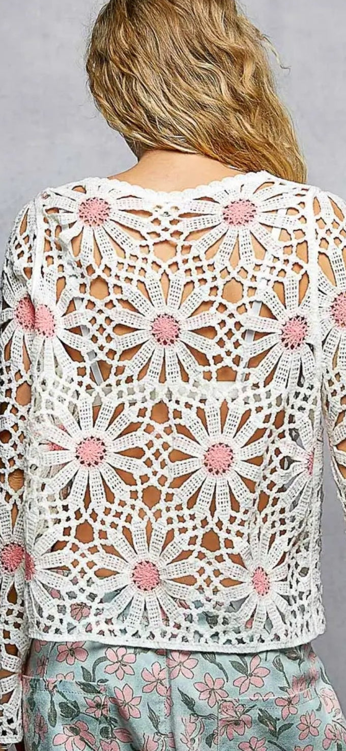 POL Floral Weave Round Neck Long Sleeve Crochet Top