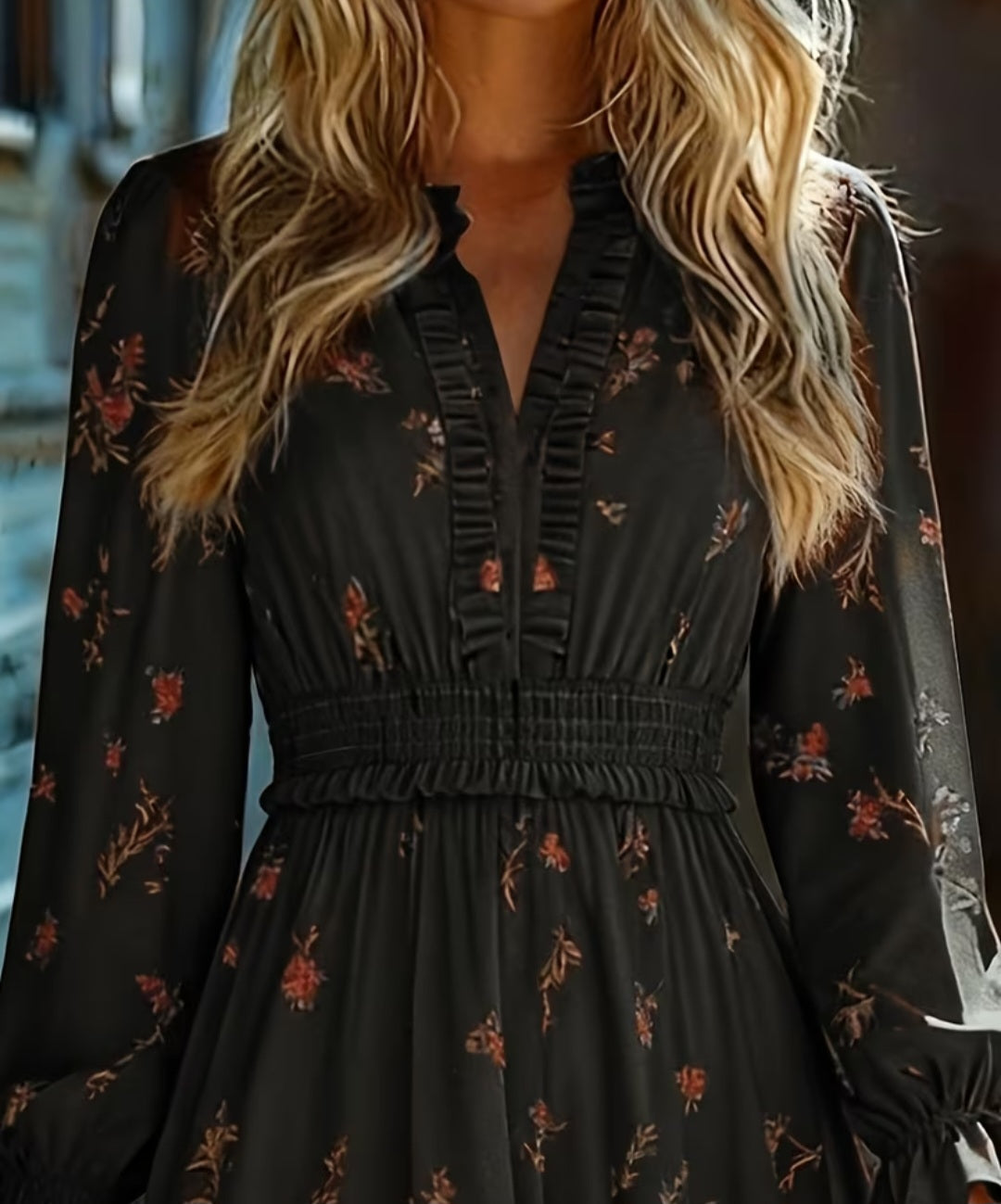 Women's Long Sleeve V Neck Floral Print Hem Dress
