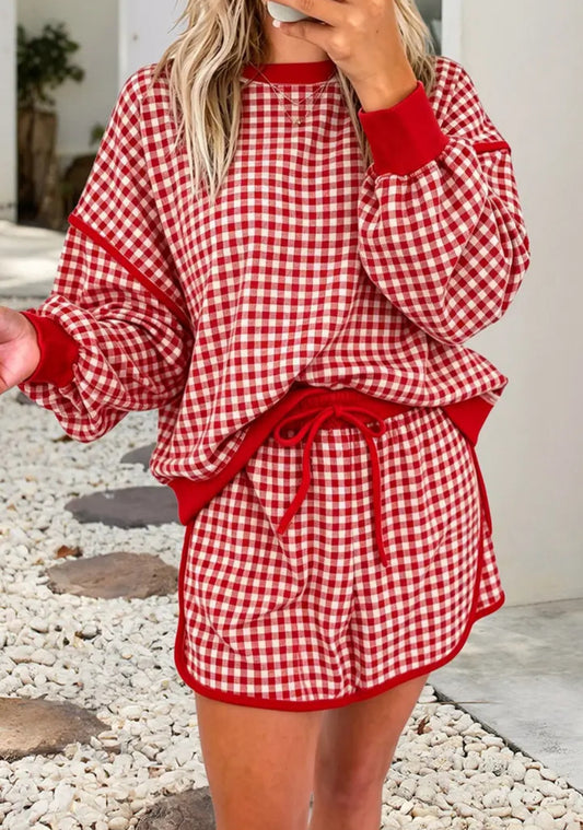 Gingham Oversized Contrast Trim Crew Neck Top and Skirt Set