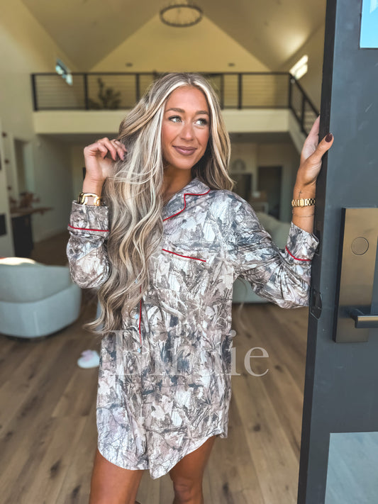 BIRDIE Sleep Dress in Dark Camo with Red Stitching