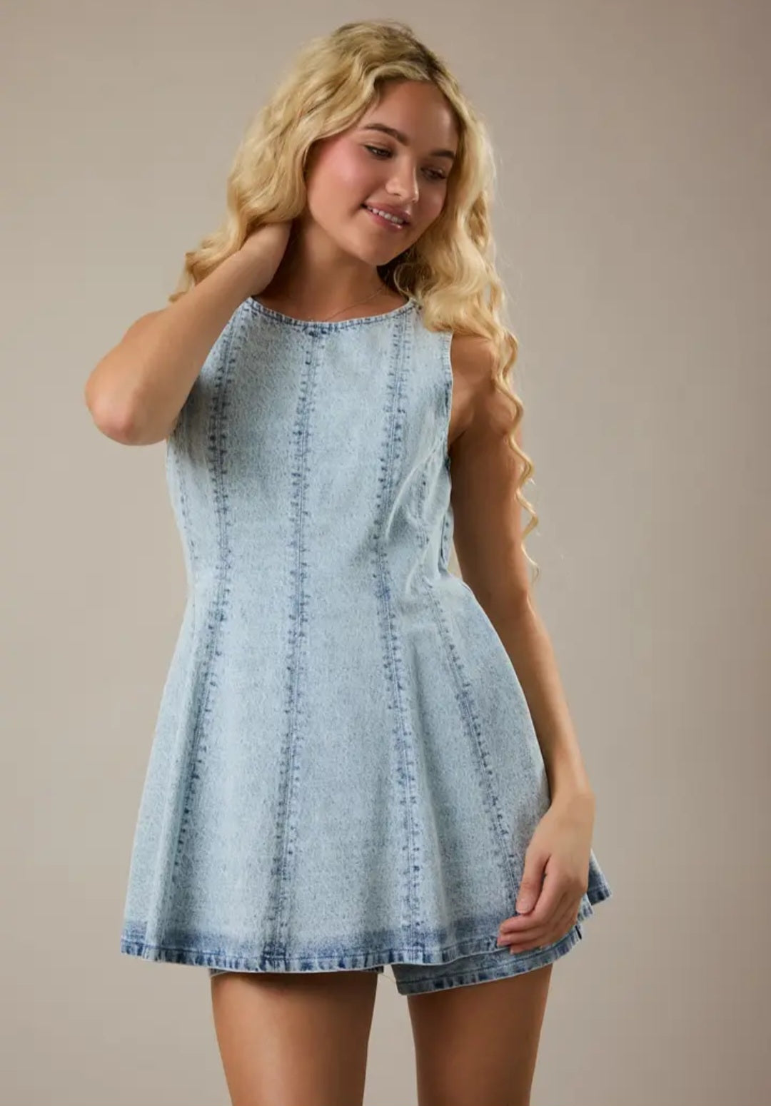 Round Neck Sleeveless Flare Denim Romper