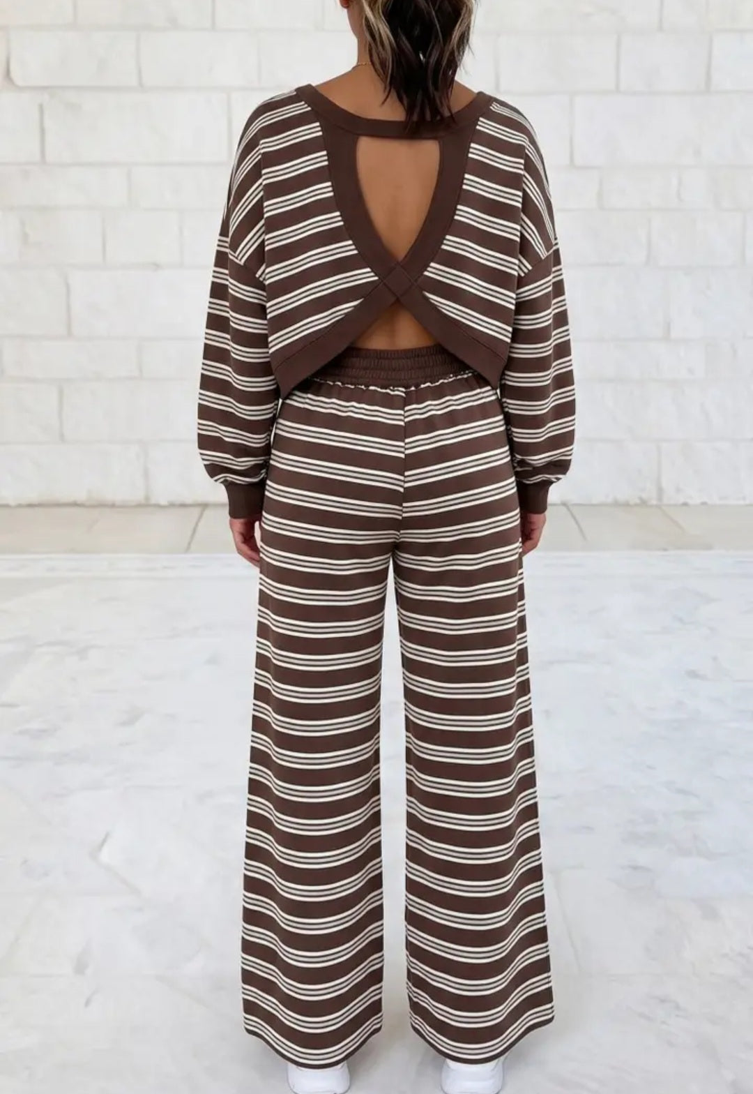 Back Cutout Long Sleeve Top and Wide Leg Pants 2pcs Set