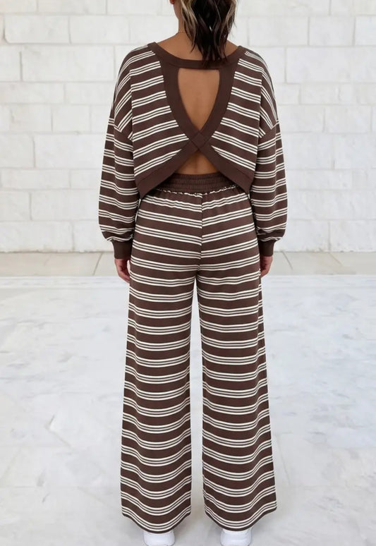 Back Cutout Long Sleeve Top and Wide Leg Pants 2pcs Set