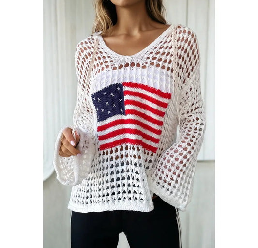Crochet Knit American Flag Sweater Hoodie