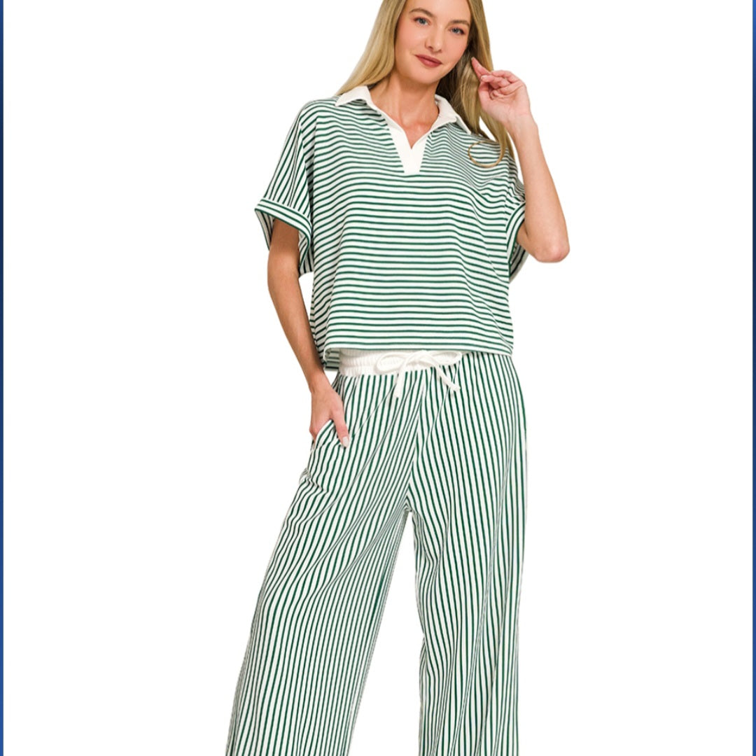 Zenana Striped split neck collared top & pants set