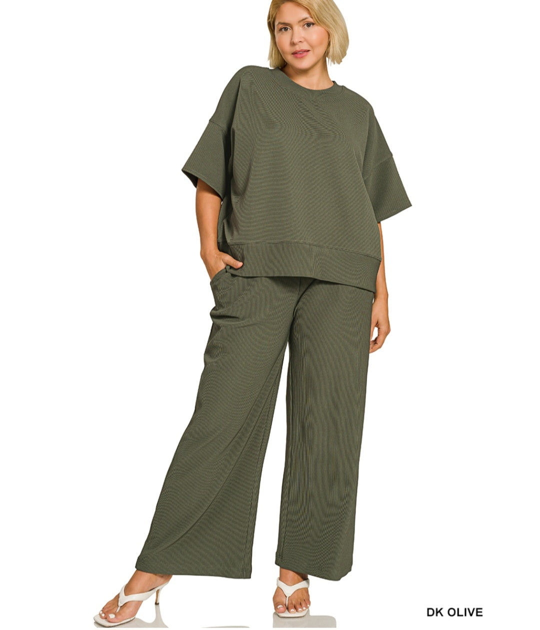 Zenana Plus ribbed round neck tee & pants set