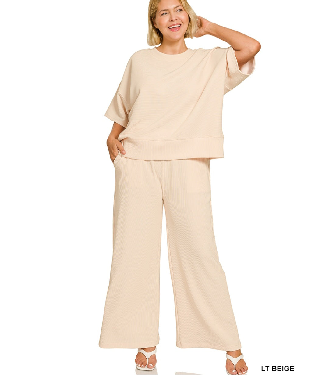 Zenana Plus ribbed round neck tee & pants set