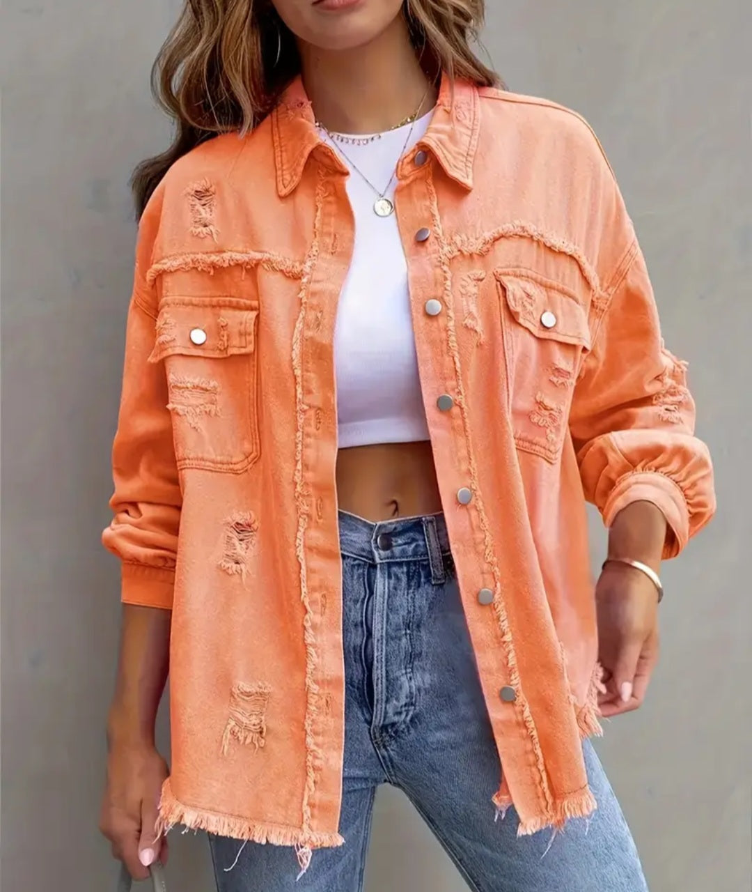 Ripped Fringe Casual Shacket with Pocket
