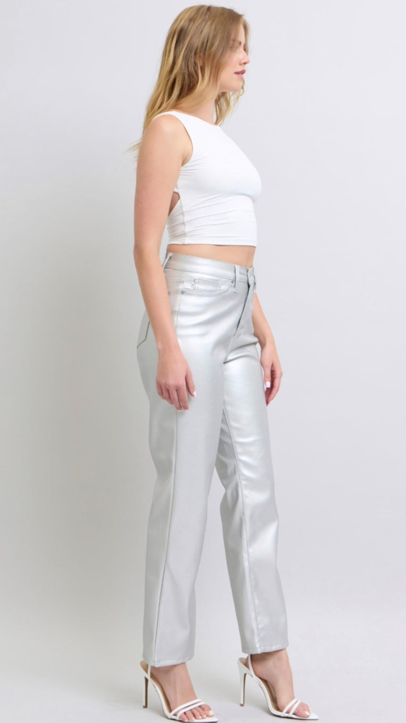 Judy Blue Tummy Control Metallic Silver Faux Leather Straight