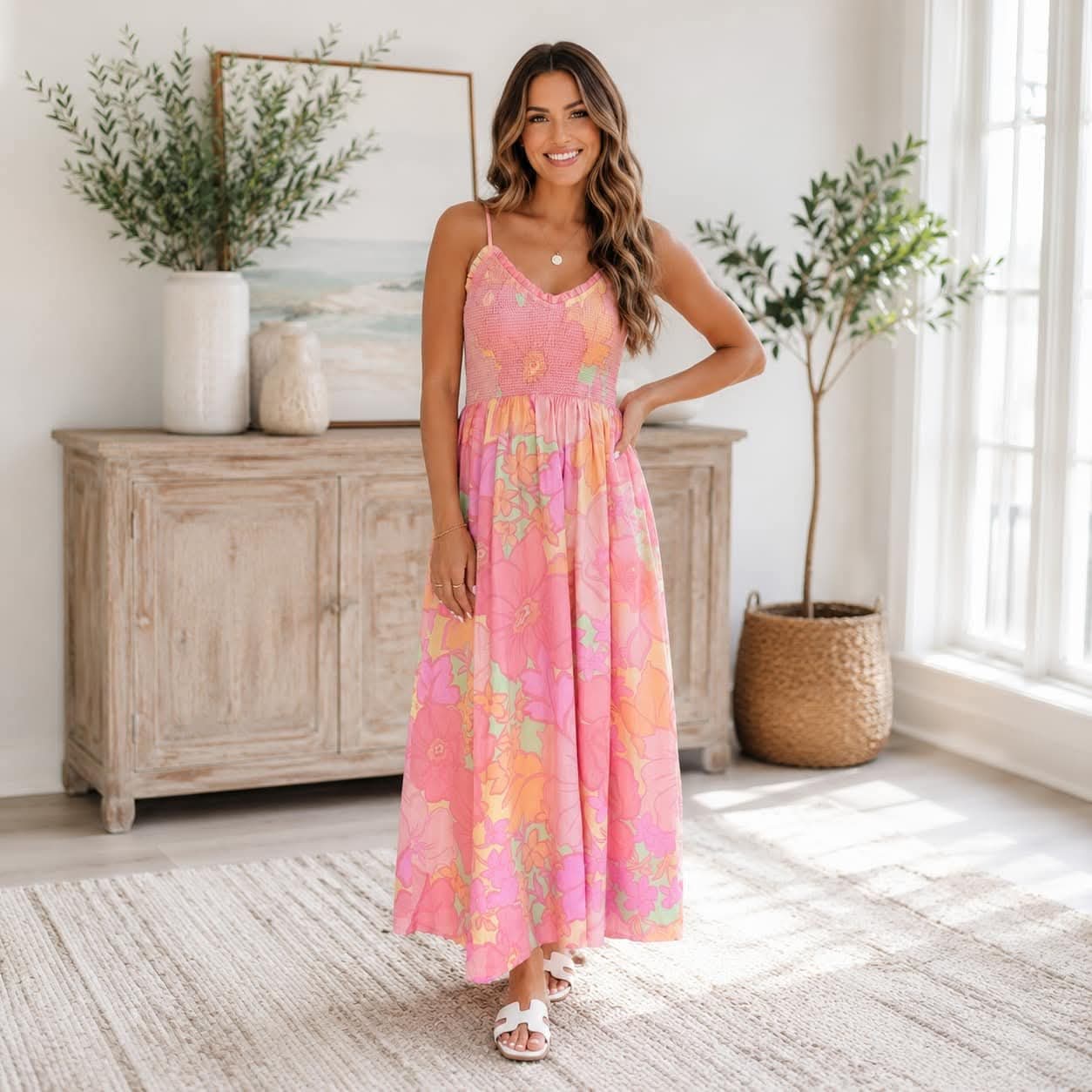 Pink Floral Shirred Dress