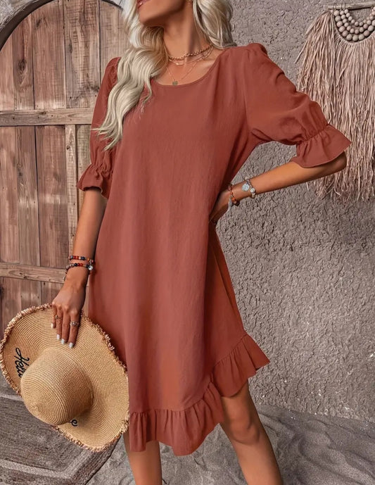 Women's Lightweight A-Line Dress with Ruffled Cuffs and Hem